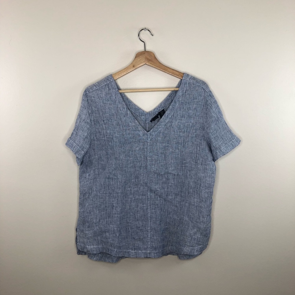 NWT tahari blue linen short sleeve v neck shirt size medium